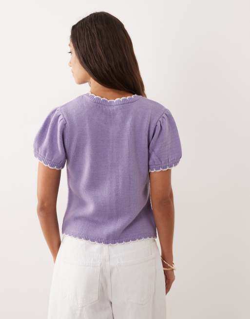 Miss Selfridge puff sleeve blanket stitch cardigan in lilac, 2 of 4