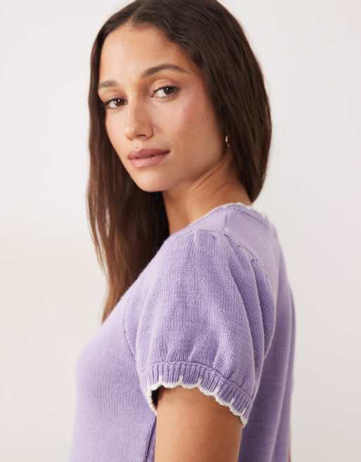 Miss Selfridge puff sleeve blanket stitch cardigan in lilac, 3 of 4