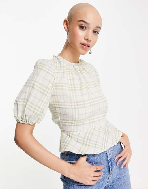 Miss Selfridge puff sleeve blouse in plaid