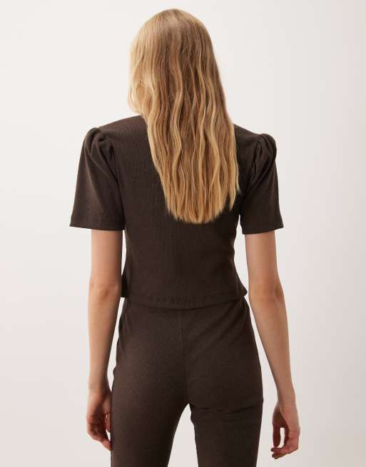 Miss Selfridge puff sleeve button down top co-ord in chocolate brown, 4 of 4