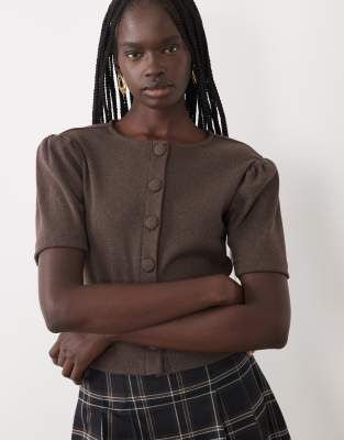 Miss Selfridge Puff Sleeve Button Down Top In Brown