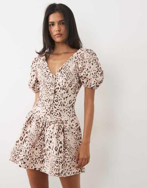 Miss Selfridge puff sleeve denim mini dress in animal print, 3 of 4