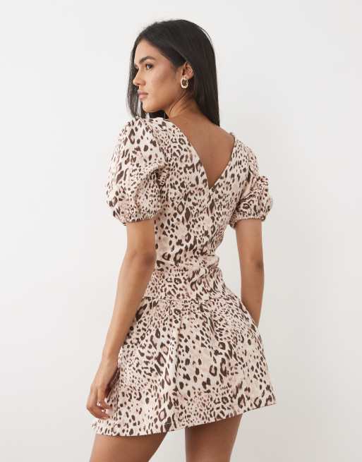 Miss Selfridge puff sleeve denim mini dress in animal print, 4 of 4
