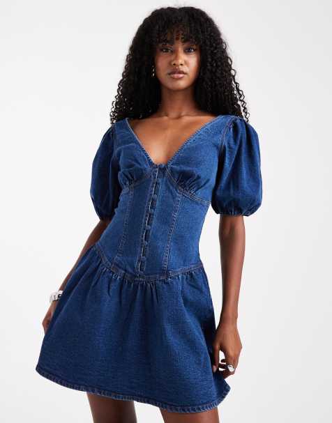 Miss Selfridge puff sleeve denim mini dress in indigo - view 1