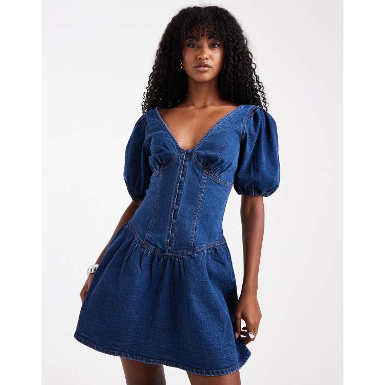 Miss Selfridge puff sleeve denim mini dress in indigo | ASOS