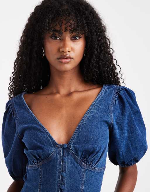 Miss Selfridge puff sleeve denim mini dress in indigo | ASOS