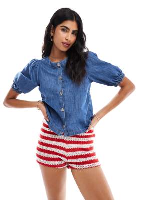 Miss Selfridge puff sleeve denim top in mid blue - view 1