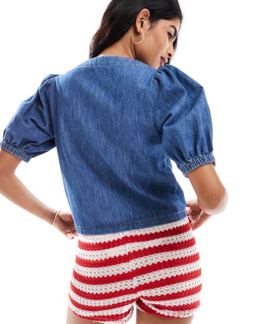 Miss Selfridge puff sleeve denim top in mid blue, 2 of 4