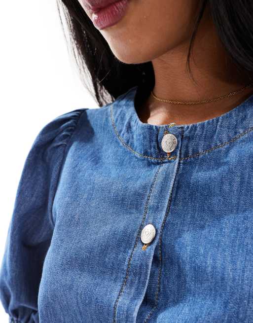 Miss Selfridge puff sleeve denim top in mid blue, 4 of 4