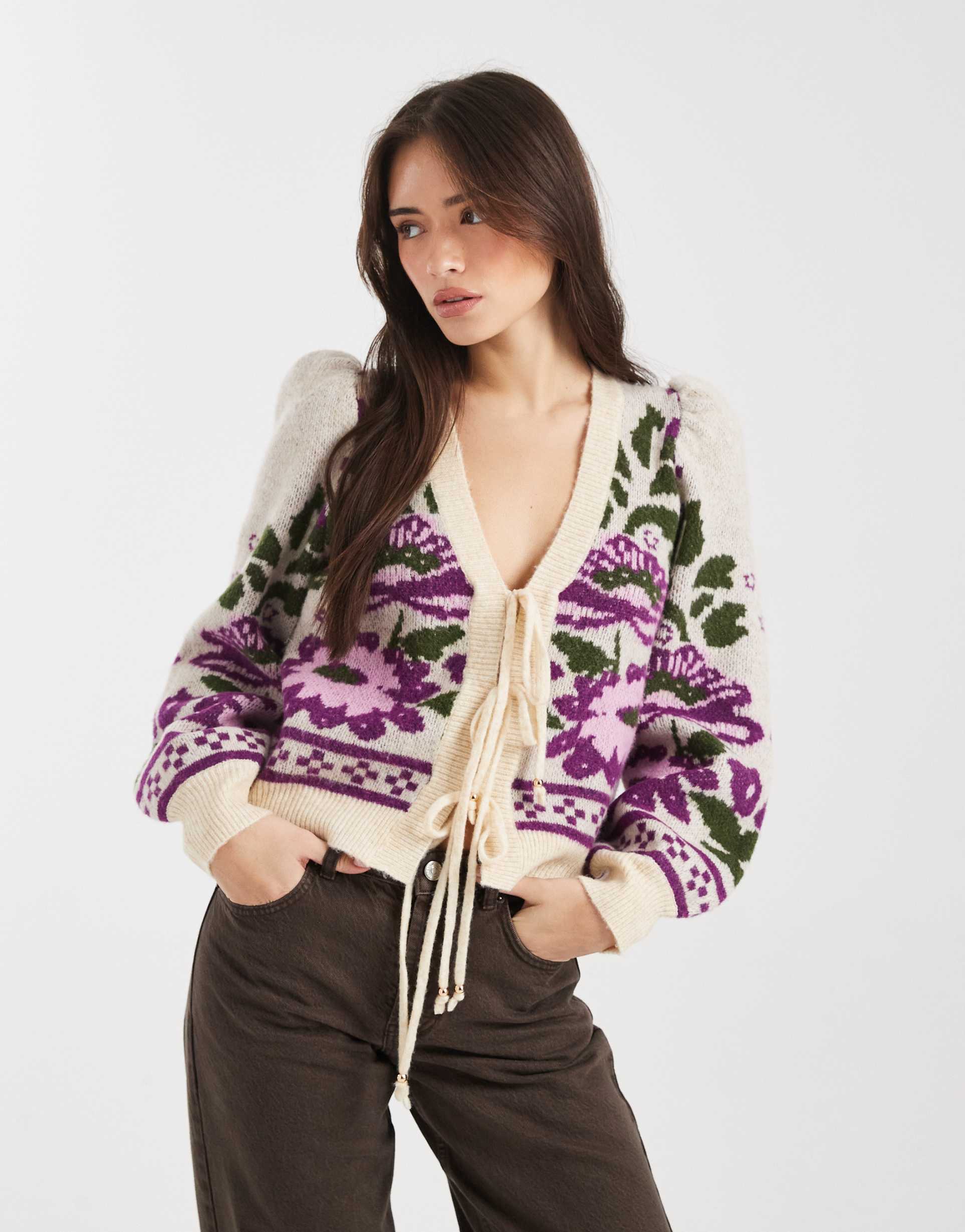 miss selfridge puff sleeve floral tie front cardigan in multi