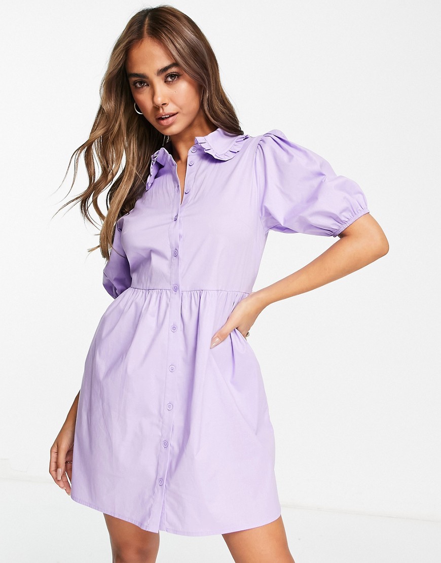 Miss Selfridge puff sleeve frill collar button shirt dress in Lilac-Purple