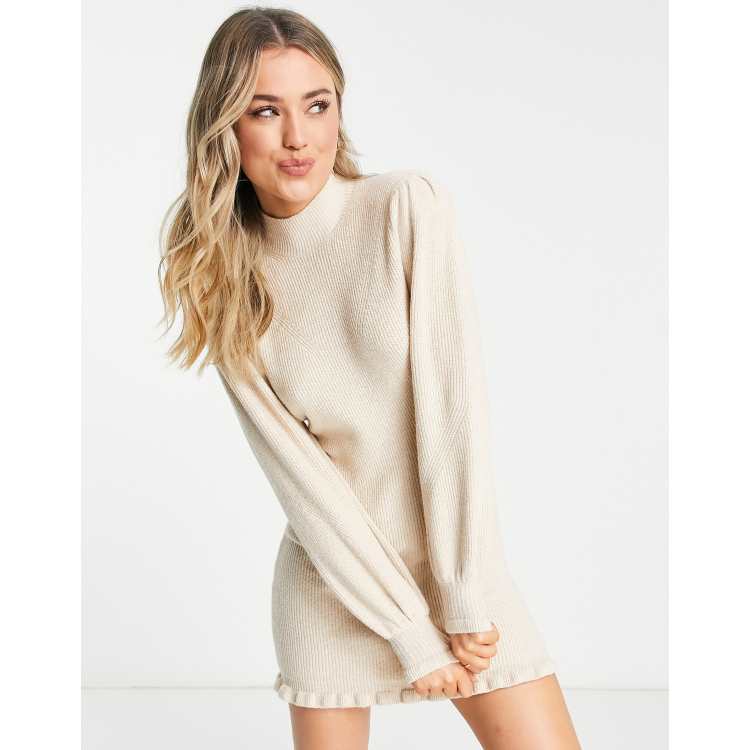 Miss Selfridge puff sleeve frill hem knit dress in mocha | ASOS