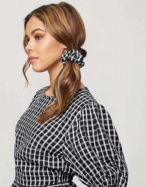 Women Miss Selfridge puff sleeve high neck blouse in black check 