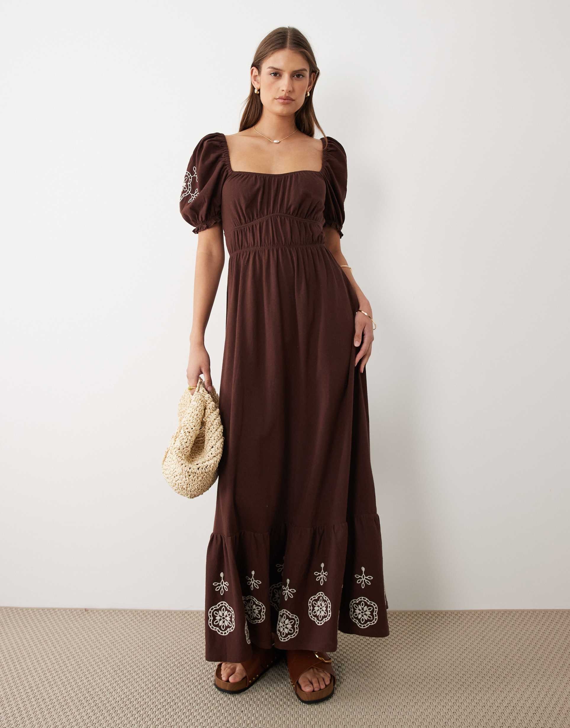 miss selfridge puff sleeve maxi dress with embroidery in chocolate brown