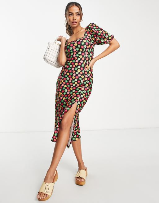 Miss Selfridge puff sleeve midi dress in multi daisy print