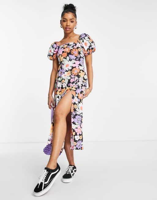 Miss Selfridge puff sleeve midi dress in oversized floral