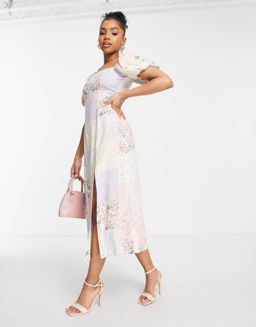 Miss Selfridge puff sleeve midi dress in patchwork floral ASOS