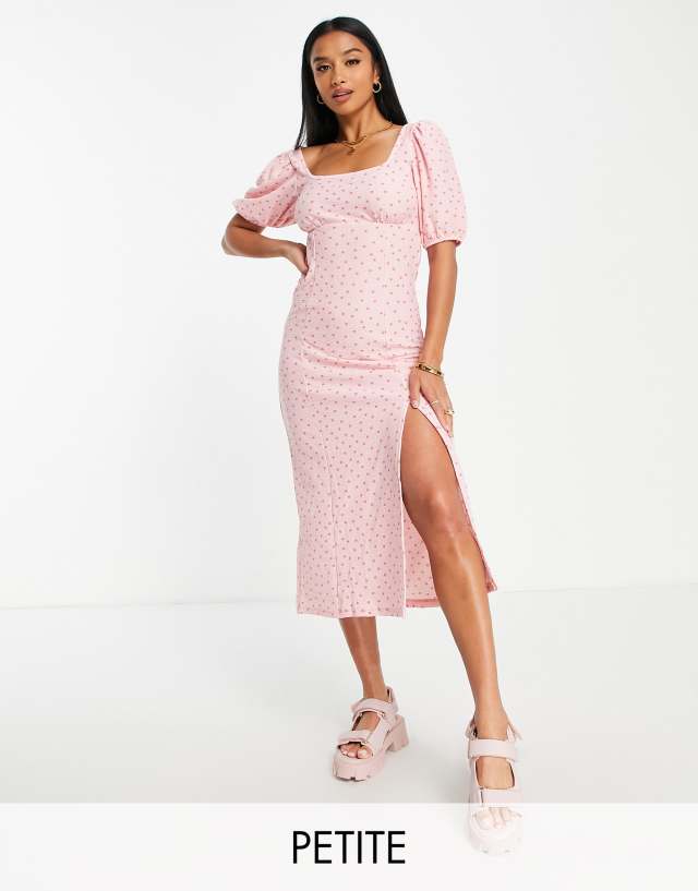 Miss Selfridge puff sleeve midi dress in pink spot