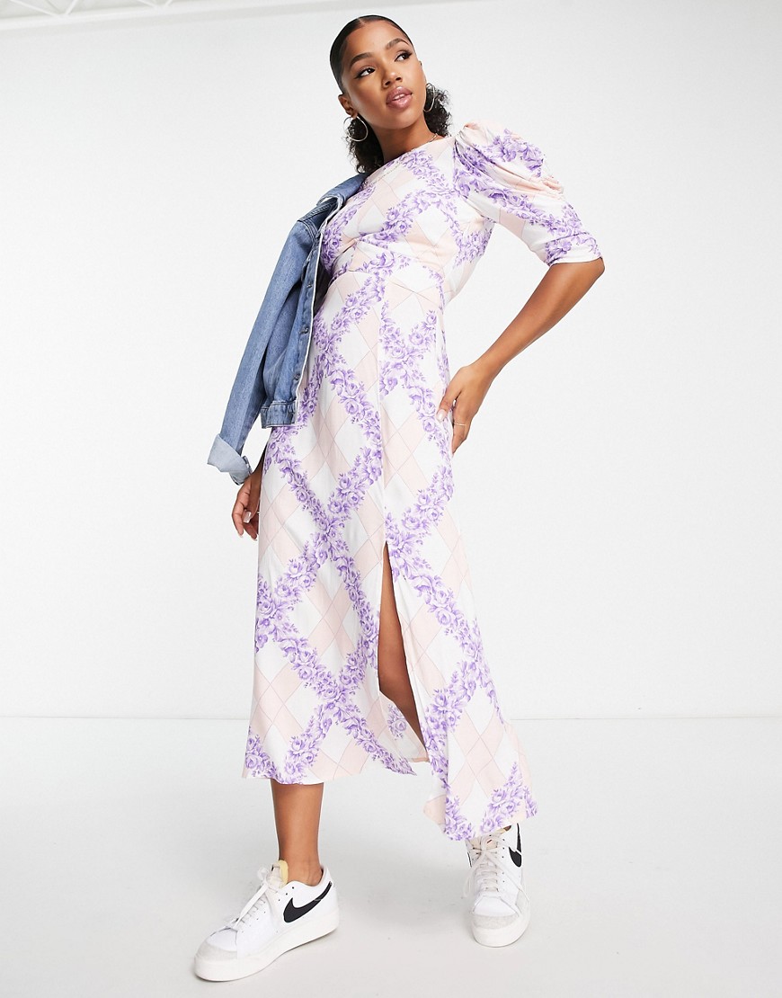 Miss Selfridge puff sleeve midi tea dress in plaid floral print-Multi