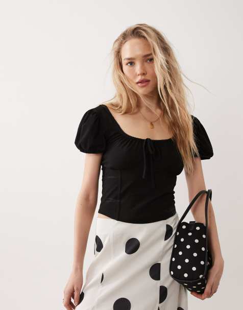 Miss Selfridge puff sleeve milkmaid top in black - view 1