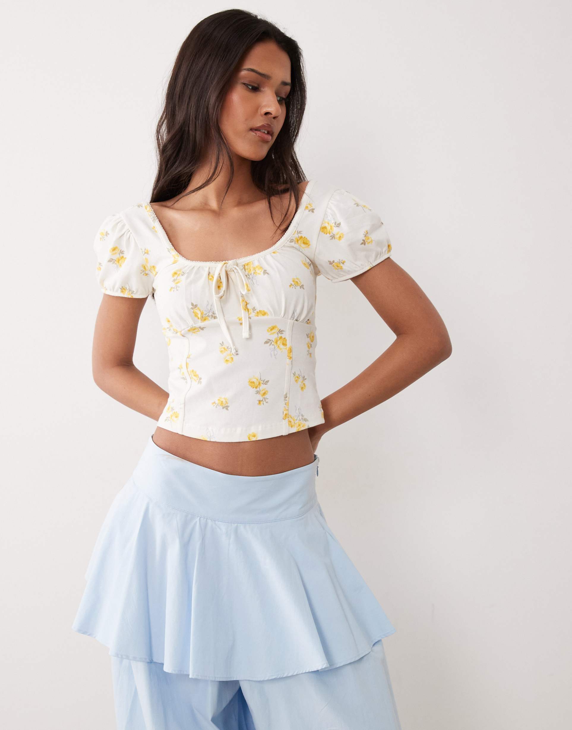 miss selfridge puff sleeve milkmaid top in floral print