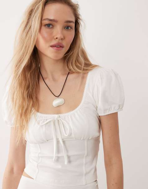 Miss Selfridge puff sleeve milkmaid top in white - view 1
