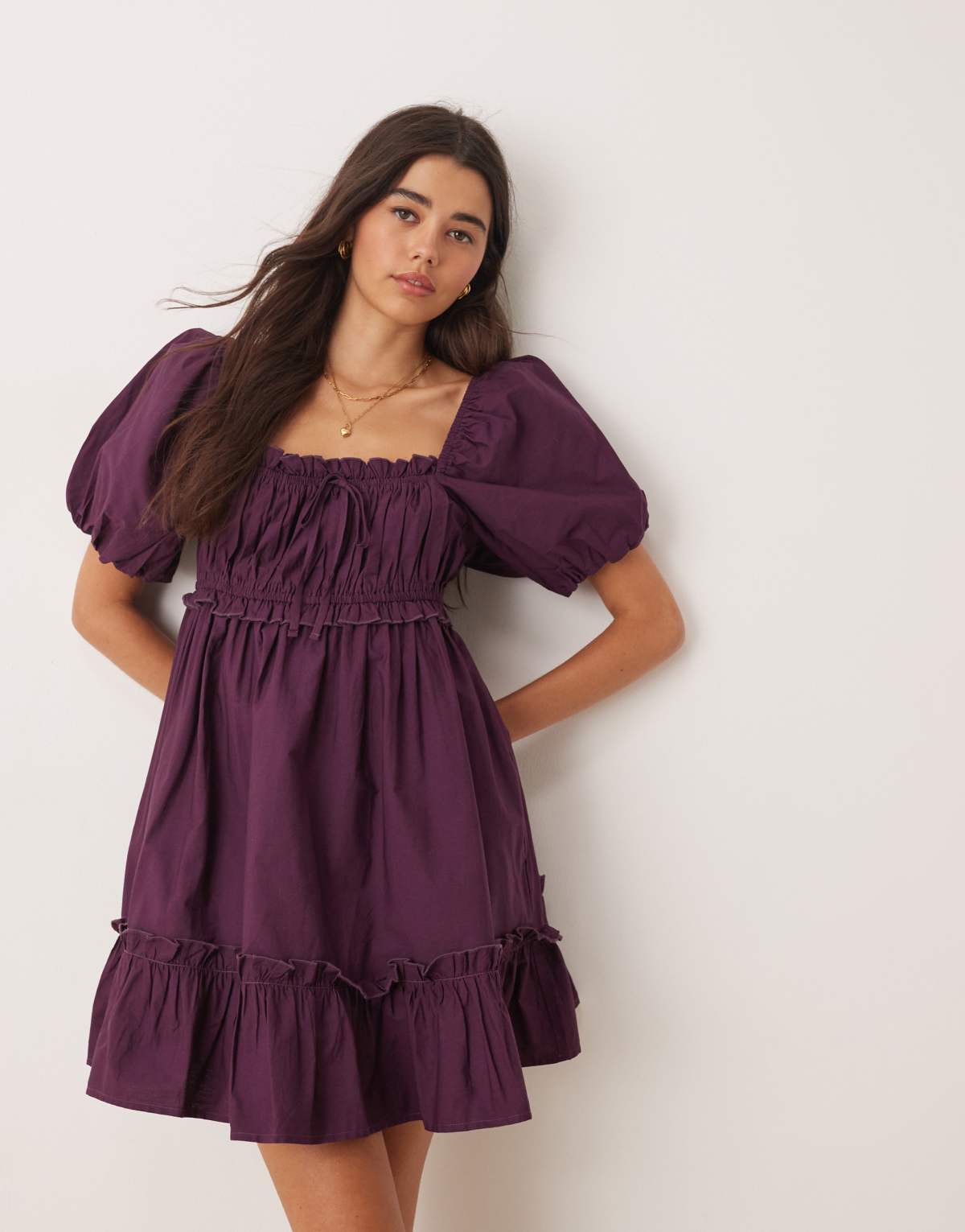 Miss Selfridge puff sleeve mini dress in plum