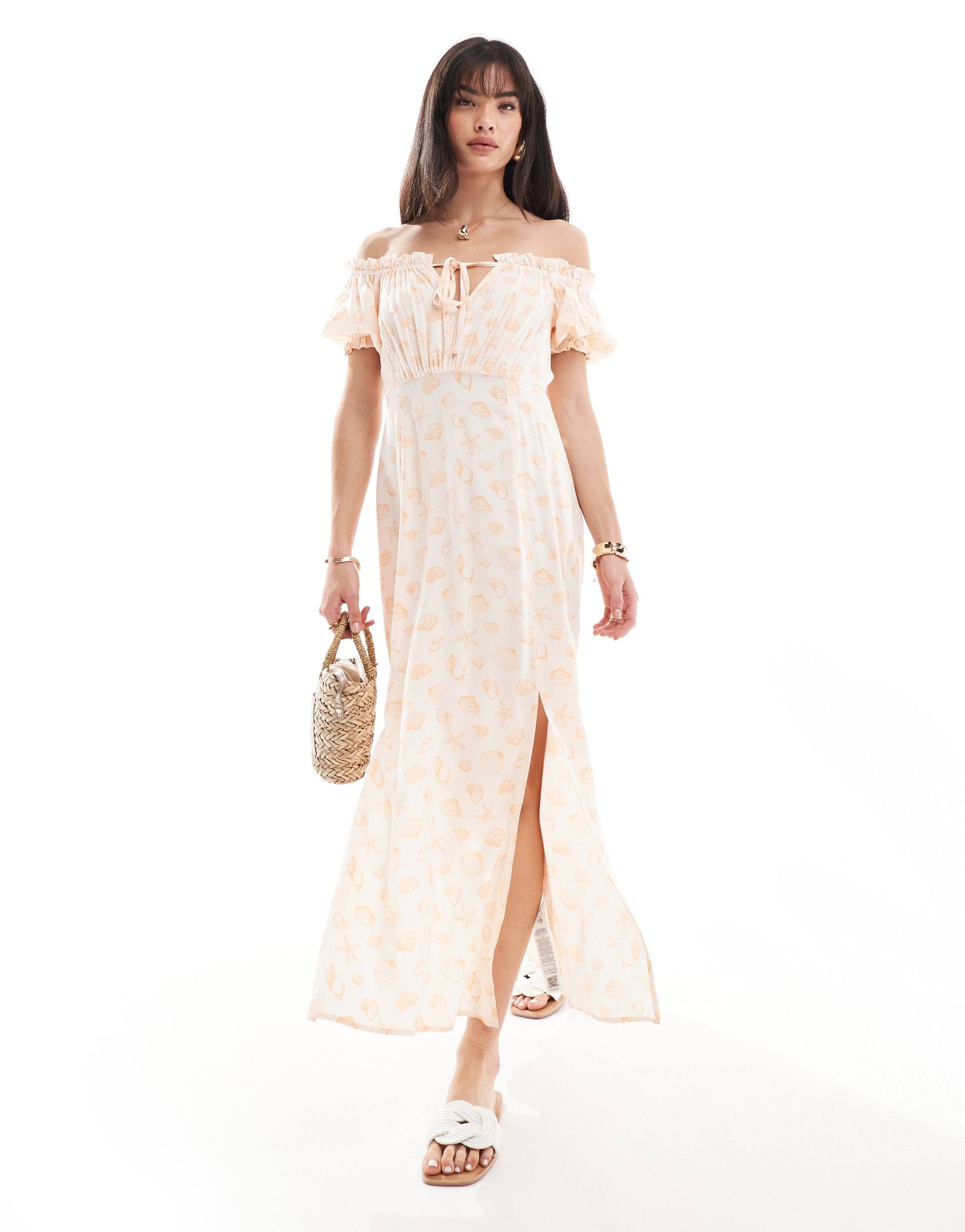 miss selfridge puff sleeve off the shoulder maxi dress in sea shell print