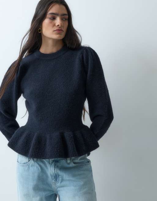 Miss Selfridge puff sleeve peplum jumper in navy, 2 of 4