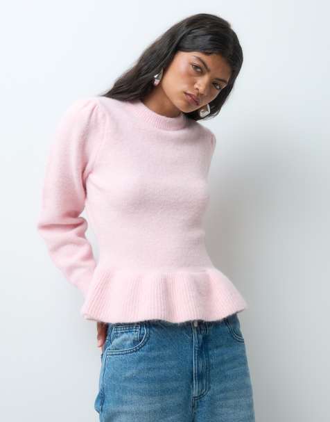 Miss Selfridge puff sleeve peplum jumper in pink - view 1