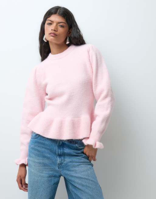 Miss Selfridge puff sleeve peplum jumper in pink, 3 of 5