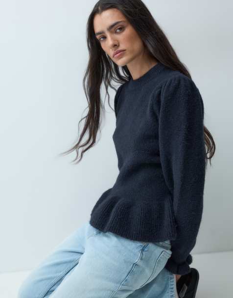 Miss Selfridge puff sleeve peplum sweater in navy - view 1