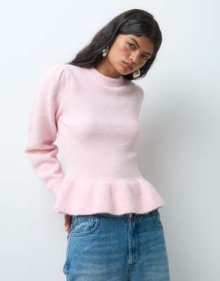 Miss Selfridge Puff Sleeve Peplum Sweater In Pink