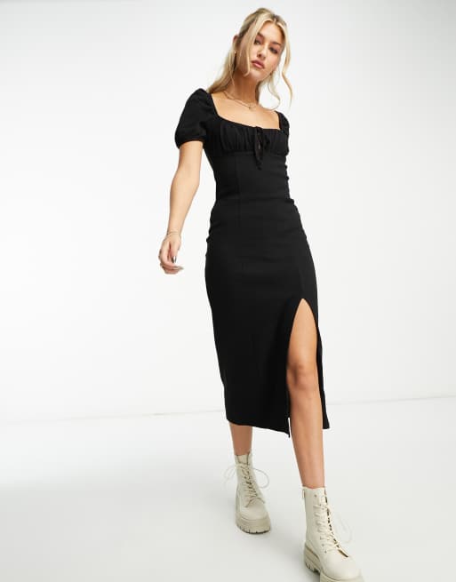 Miss Selfridge puff sleeve rib midi dress in black | ASOS