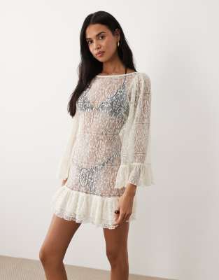 Miss Selfridge puff sleeve ruffle trim lace mini dress beach cover up in cream cream 11590₽