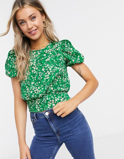 Miss Selfridge puff sleeve tea blouse in green floral