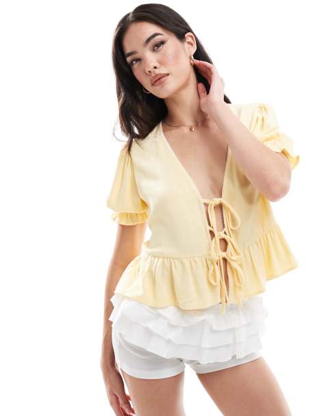 Miss Selfridge puff sleeve tie front linen top - view 1