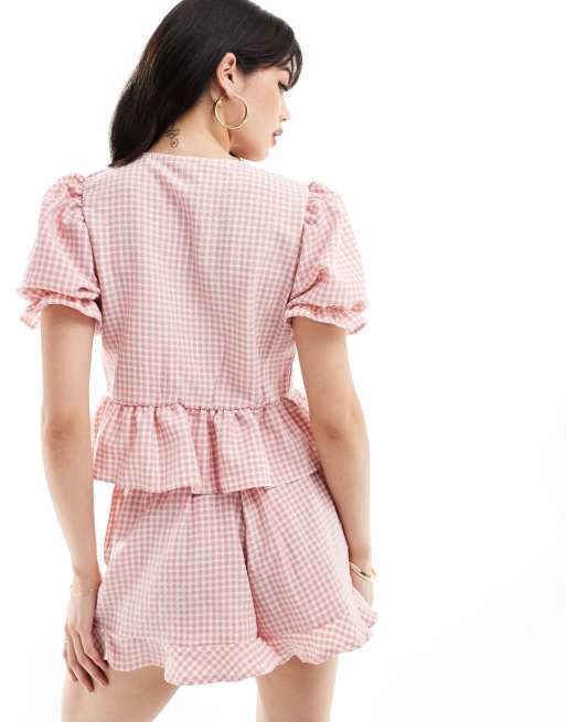 Miss Selfridge puff sleeve tie front top in pink gingham (part of a set), 4 of 4