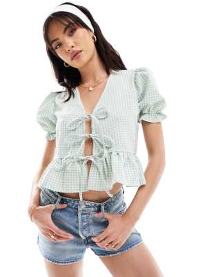 Miss Selfridge puff sleeve top in mint gingham-Multi