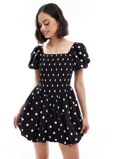 Miss Selfridge puffball mini dress in black polka dot - view 1