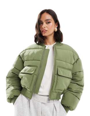 Miss Selfridge Puffer Bomber Jacket In Khaki-green