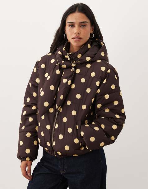 Miss Selfridge pufferjacka med knytkrage och prickmönster i chokladbrun - view 1