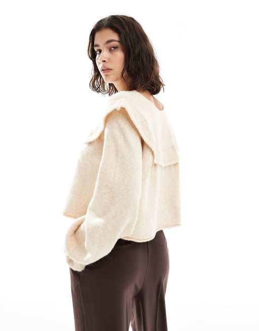Miss Selfridge - Pull à manches bouffantes et col à froufrou - Crème, 3 de 4