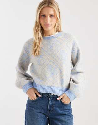 Pull ample à losanges et fleurs - Bleu clair XS