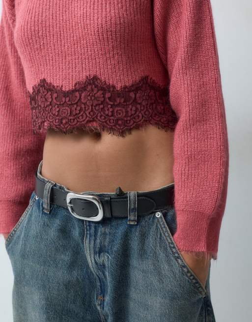 Miss Selfridge pull côtelé super court à ourlet en dentelle rose, 3 de 4