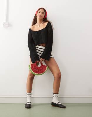 Miss Selfridge - Pull crocheté à manches longues et encolure carrée - Noir