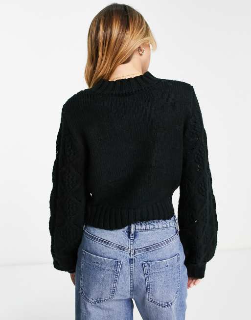 Miss Selfridge - Pull duveteux en maille ajourée avec manches ballon - Noir, 2 de 4
