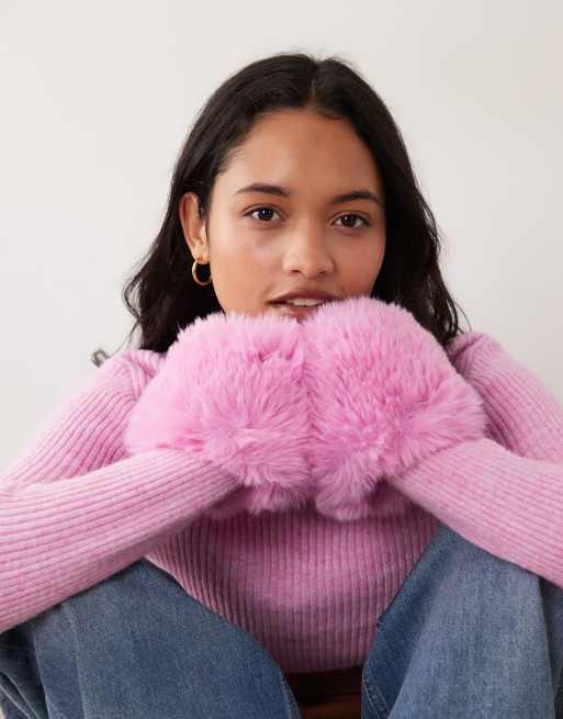 Miss Selfridge pull en maille à col rond avec poignets en faux-fur rose, 2 de 4