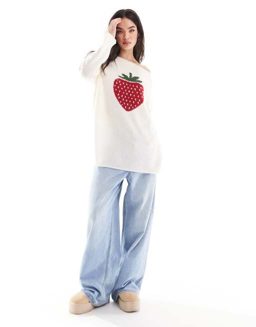 Miss Selfridge - Pull en maille à motif fraise - Crème, 4 de 4