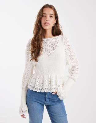 Pull en maille ajourée bohème - Crème-Blanc XS